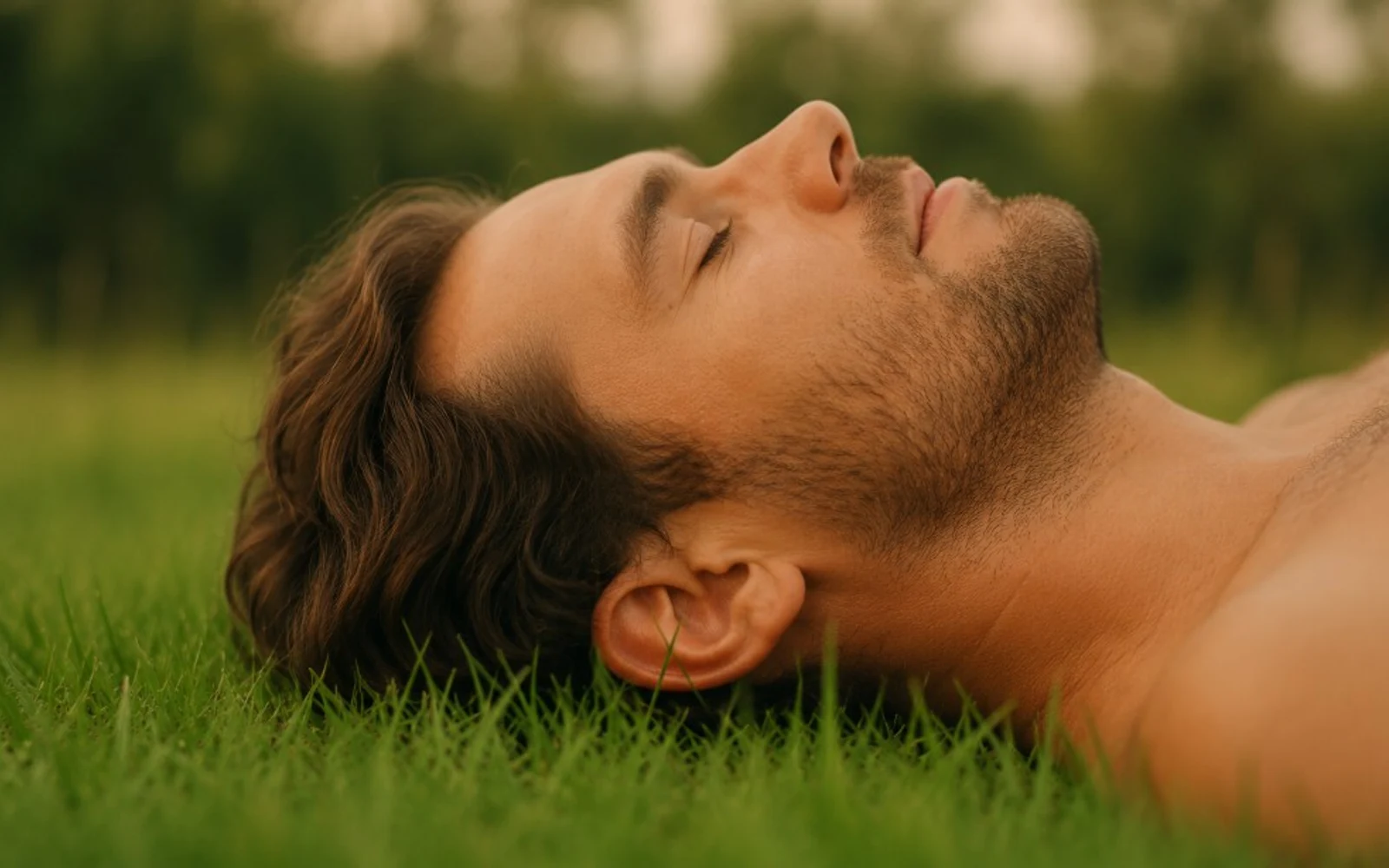 Man resting peacefully on his back in a sunlit green field